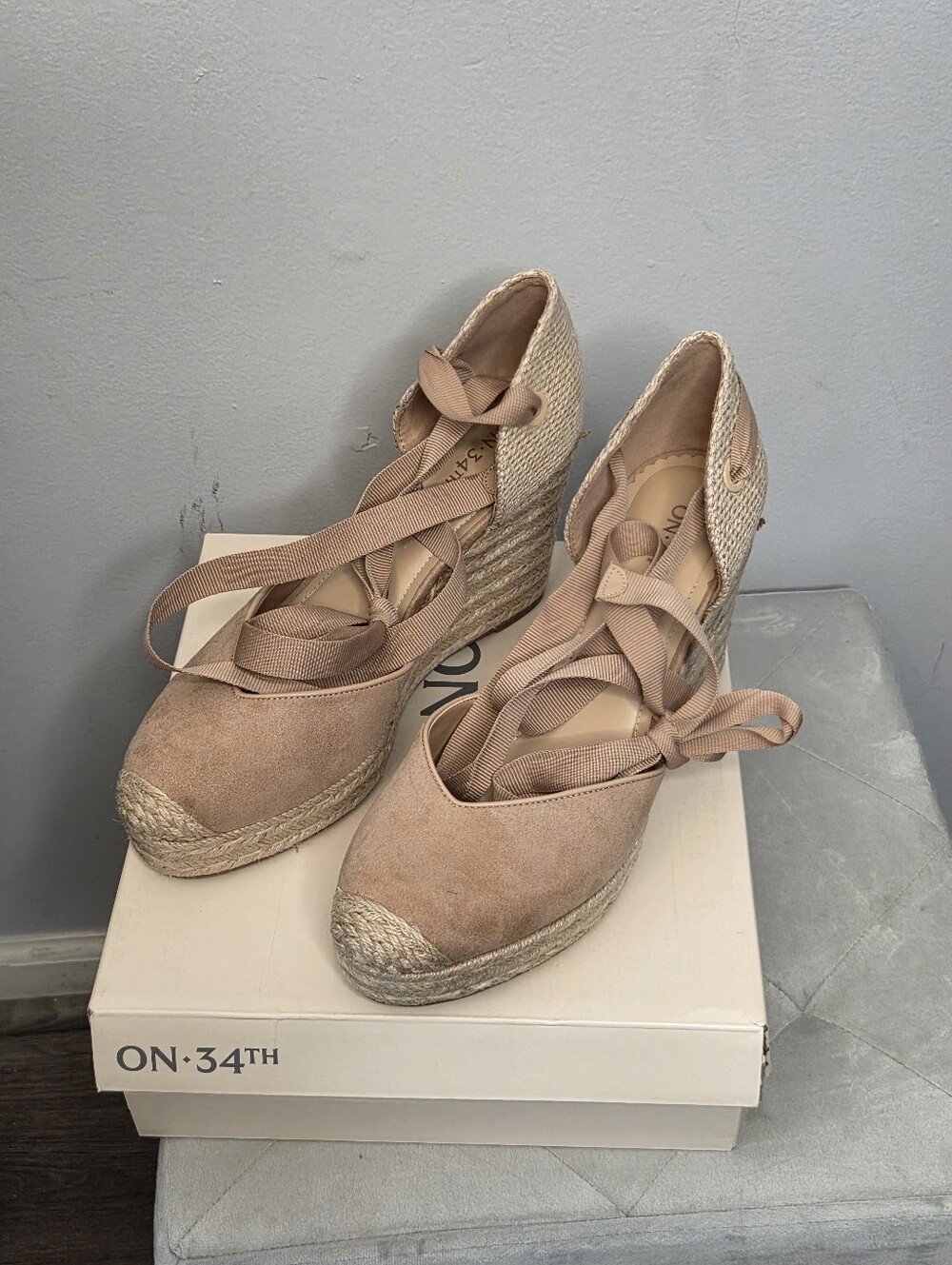 On 34th Mel8nda Buff Nude Espadrille Wedge Sandals with Ankle Tie, Sz 11, NIB